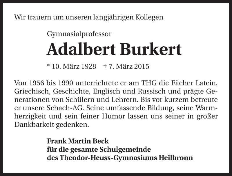  Traueranzeige für Adalbert Burkert vom 11.03.2015 aus 