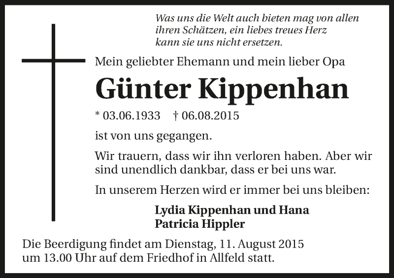  Traueranzeige für Günter Kippenhan vom 08.08.2015 aus 