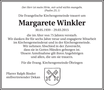 Traueranzeige von Margarete Winkler 