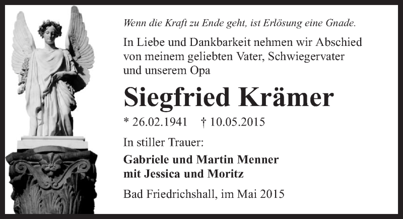  Traueranzeige für Siegfried Krämer vom 15.05.2015 aus 