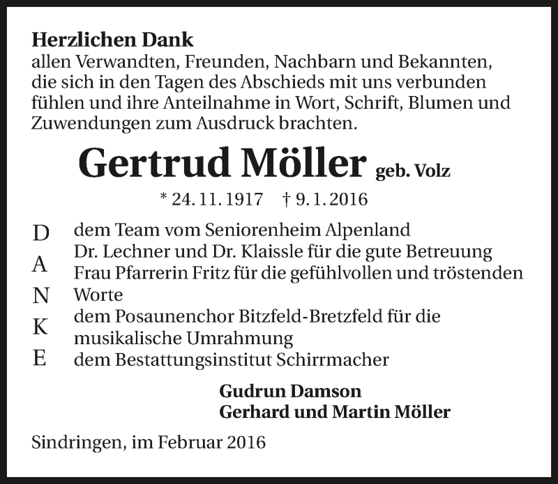  Traueranzeige für Gertrud Möller vom 10.02.2016 aus 