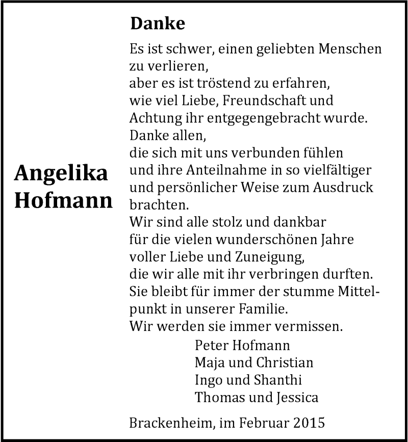  Traueranzeige für Angelika Hofmann vom 13.02.2015 aus 