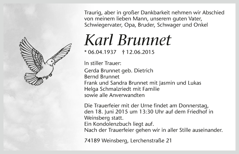  Traueranzeige für Karl Brunnet vom 15.06.2015 aus 
