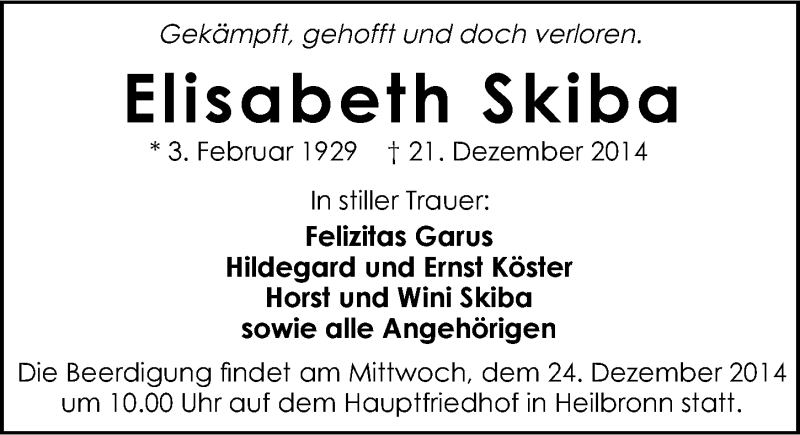  Traueranzeige für Elisabeth Skiba vom 23.12.2014 aus 