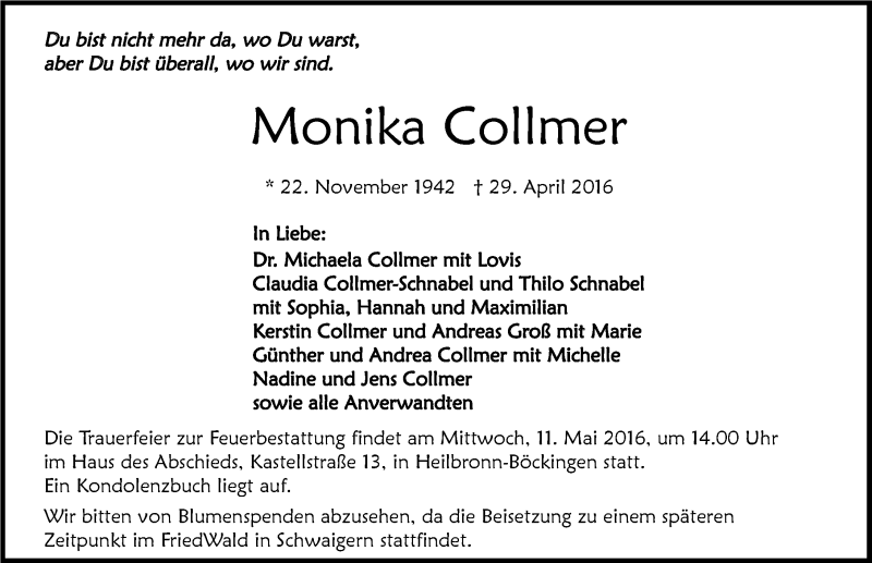  Traueranzeige für Monika Collmer vom 07.05.2016 aus 