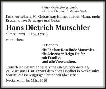 Traueranzeige von Hans Dietrich Mutschler 