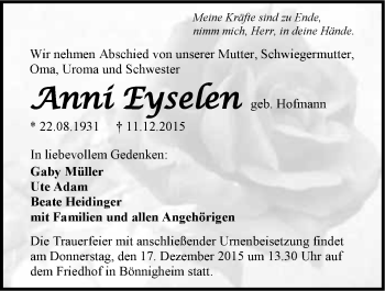 Traueranzeige von Anni Eyselen 