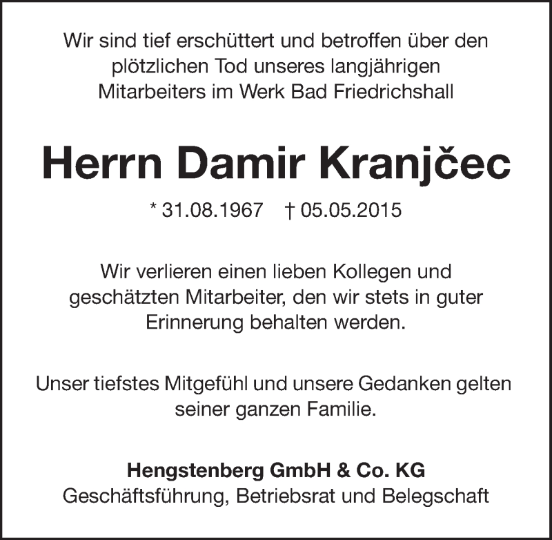  Traueranzeige für Damir Kranjcec vom 08.05.2015 aus 
