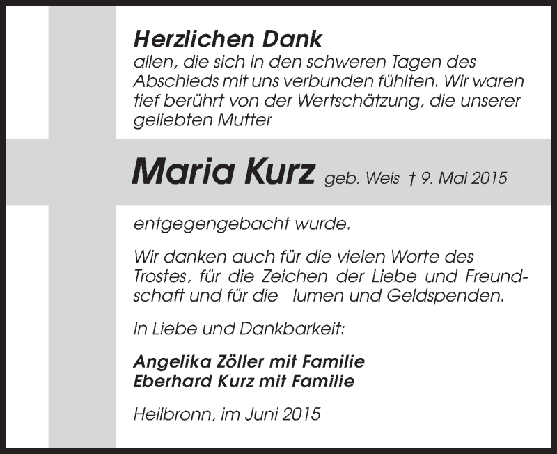  Traueranzeige für Maria Kurz vom 10.06.2015 aus 