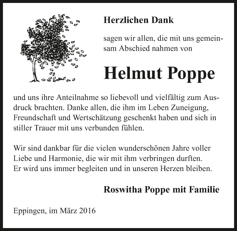  Traueranzeige für Helmut Poppe vom 01.04.2016 aus 