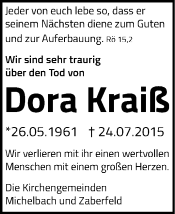 Traueranzeige von Dora Kraiß 