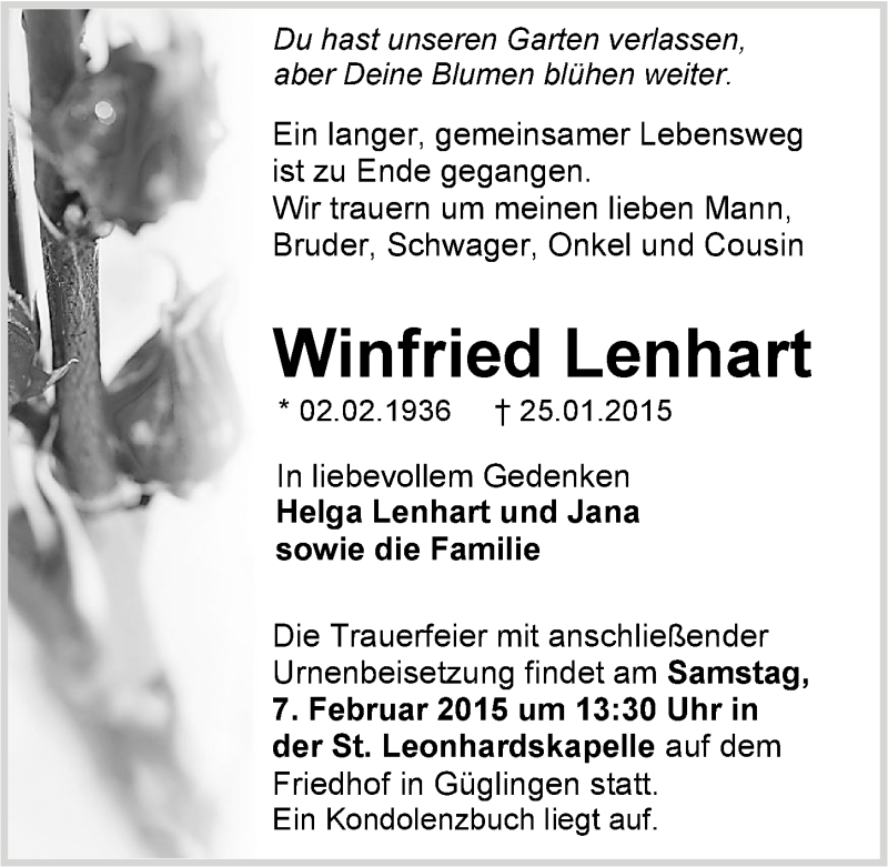  Traueranzeige für Winfried Lenhart vom 29.01.2015 aus 