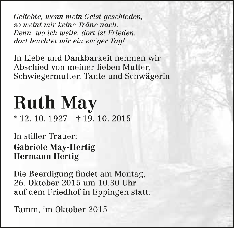  Traueranzeige für Ruth May vom 23.10.2015 aus 