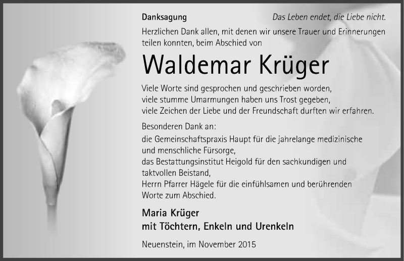  Traueranzeige für Waldemar Krüger vom 07.11.2015 aus 