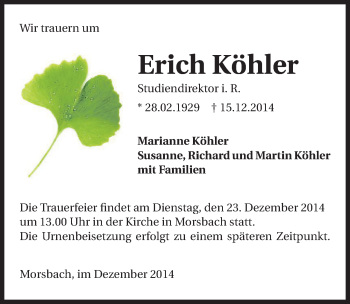 Traueranzeige von Erich Köhler 