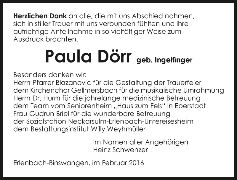  Traueranzeige für Paula Dörr vom 01.02.2016 aus 