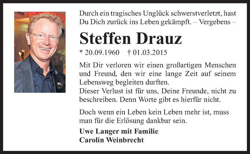  Traueranzeige für Steffen Drauz vom 21.03.2015 aus 