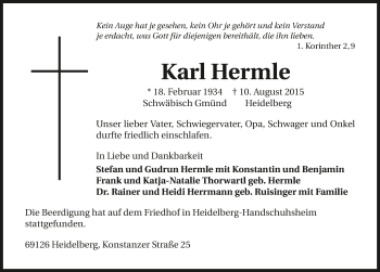 Traueranzeige von Karl Hermle 