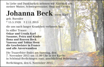 Traueranzeige von Johanna Beck 
