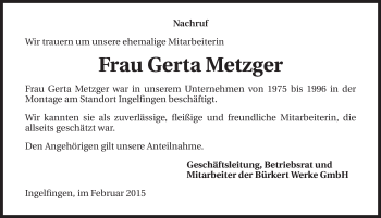 Traueranzeige von Gerta Metzger 