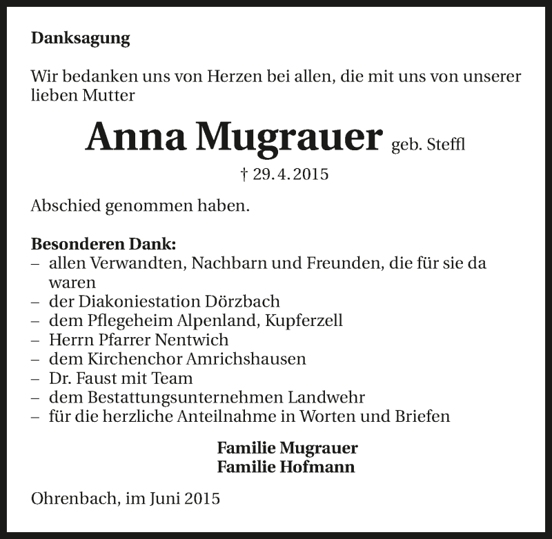  Traueranzeige für Anna Mugrauer vom 03.06.2015 aus 