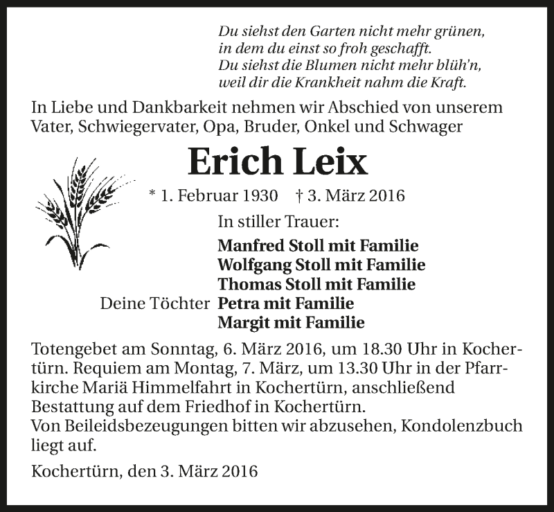  Traueranzeige für Erich Leix vom 04.03.2016 aus 