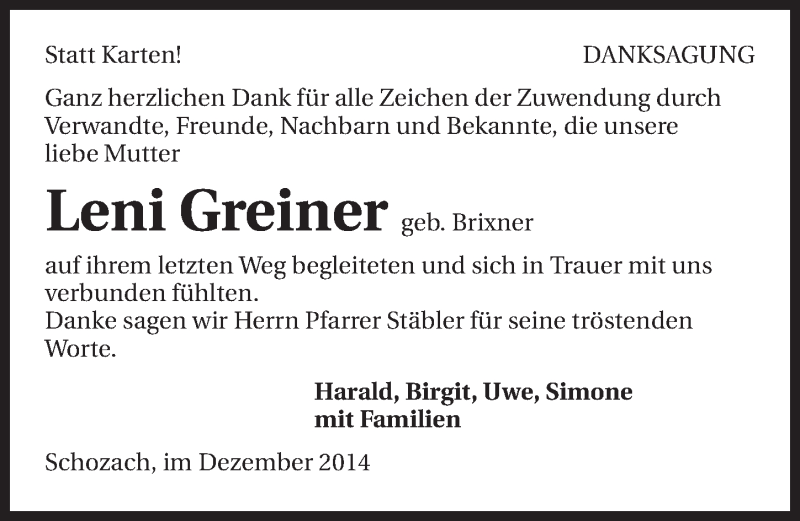  Traueranzeige für Leni Greiner vom 20.12.2014 aus 