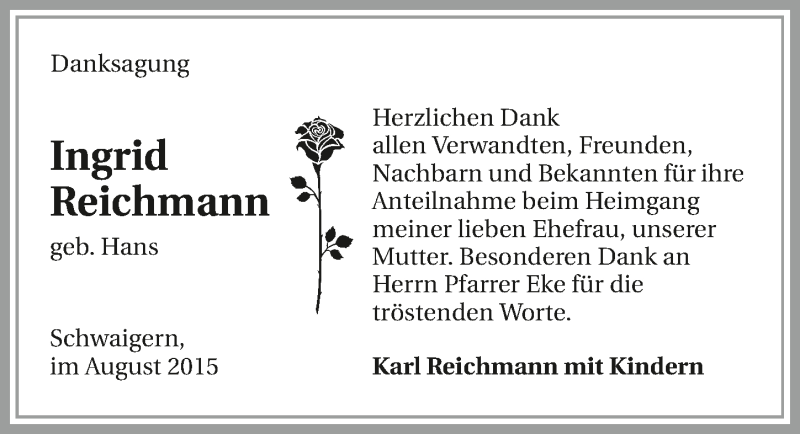  Traueranzeige für Ingrid Reichmann vom 22.08.2015 aus 