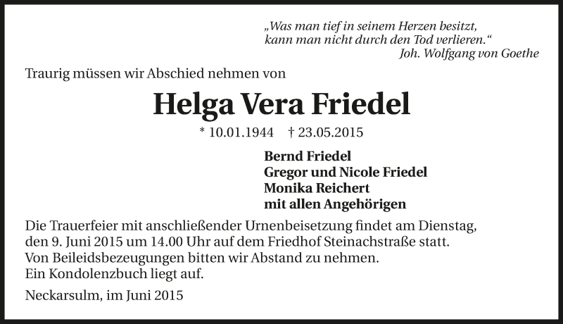  Traueranzeige für Helga Vera Friedel vom 05.06.2015 aus 