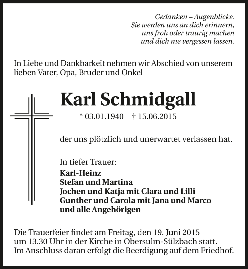  Traueranzeige für Karl Schmidgall vom 17.06.2015 aus 