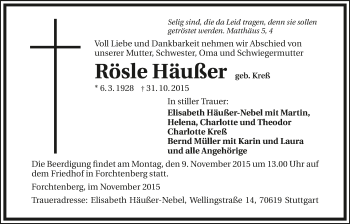 Traueranzeige von Rösle Häußer 
