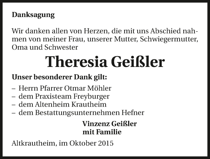  Traueranzeige für Theresia Geißler vom 30.10.2015 aus 