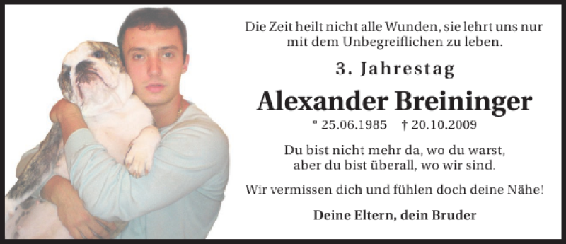  Traueranzeige für Alexander Breininger vom 20.10.2012 aus 