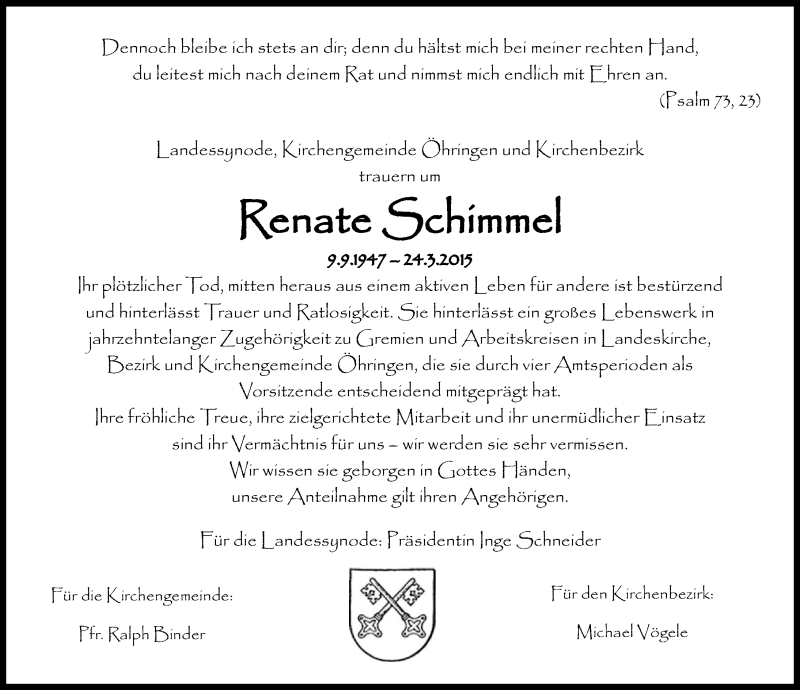  Traueranzeige für Renate Schimmel vom 26.03.2015 aus 