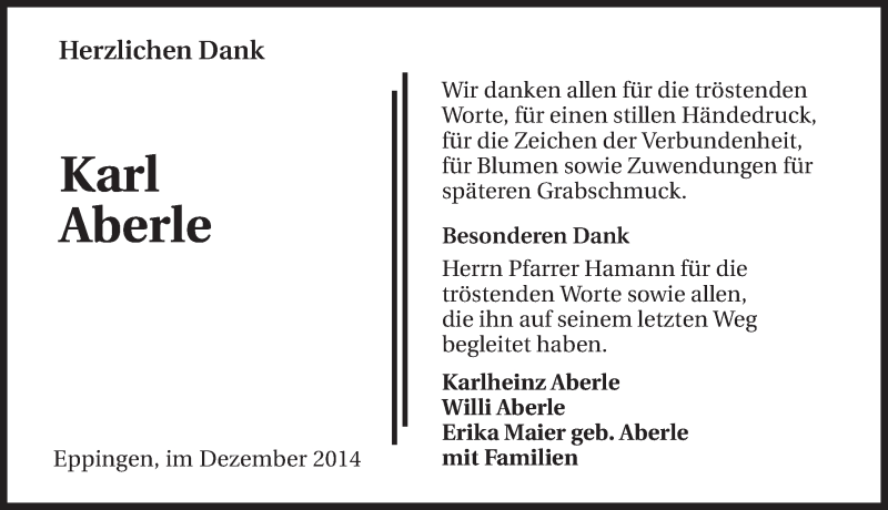  Traueranzeige für Karl Aberle vom 19.12.2014 aus 