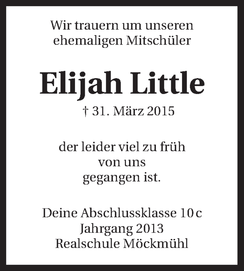  Traueranzeige für Elijah Little vom 08.04.2015 aus 