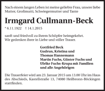 Traueranzeige von Irmgard Cullmann-Beck 
