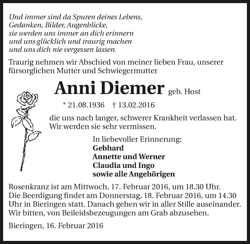  Traueranzeige für Anni Diemer vom 16.02.2016 aus 
