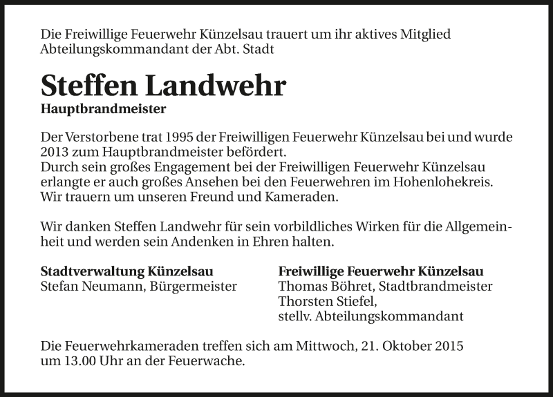  Traueranzeige für Steffen Landwehr vom 19.10.2015 aus 