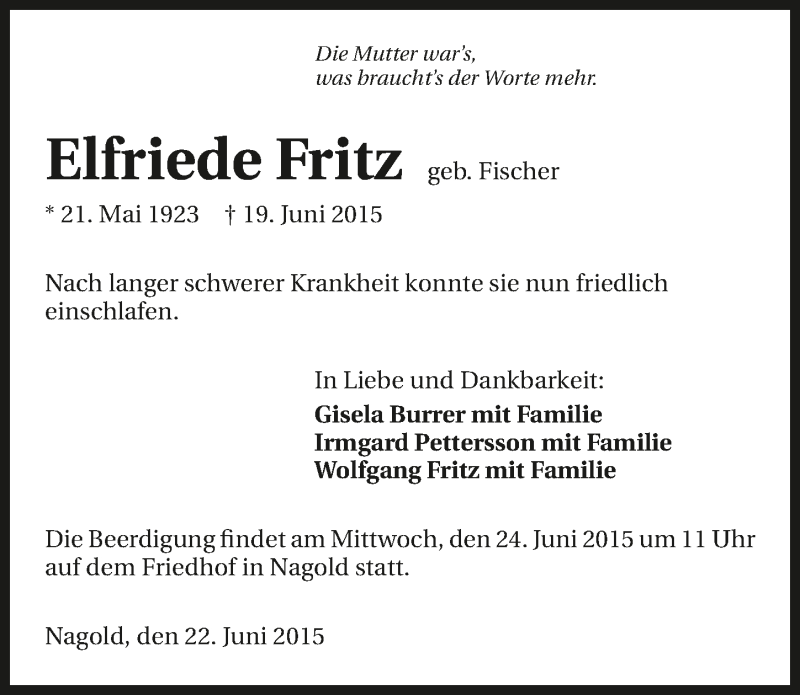  Traueranzeige für Elfriede Fritz vom 22.06.2015 aus 