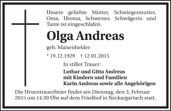 Traueranzeige von Olga Andreas 