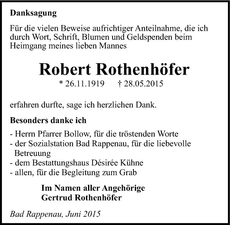 Traueranzeige für Robert Rothenhöfer vom 13.06.2015 aus 