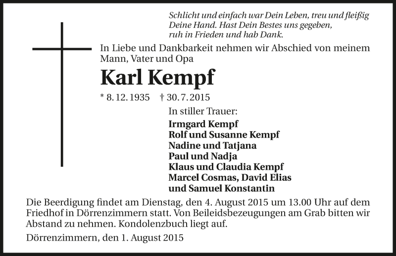  Traueranzeige für Karl Kempf vom 01.08.2015 aus 