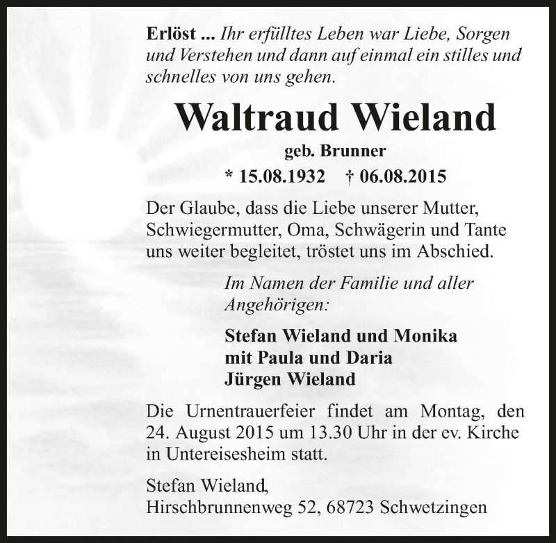  Traueranzeige für Waltraud Wieland vom 19.08.2015 aus 