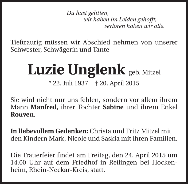  Traueranzeige für Luzie Unglenk vom 23.04.2015 aus 