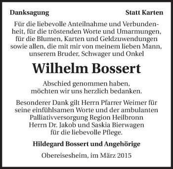 Traueranzeige von Wilhelm Bossert 