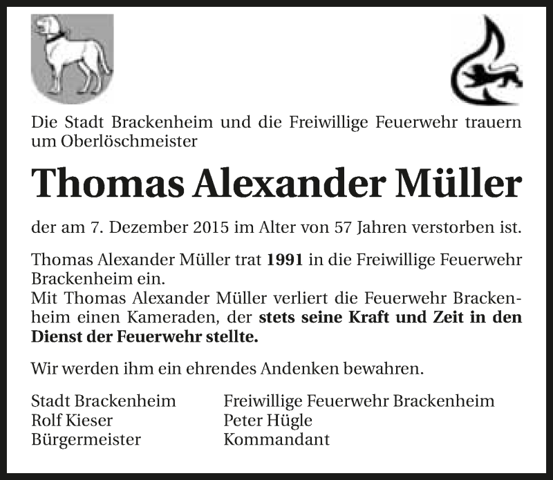  Traueranzeige für Thomas Müller vom 18.12.2015 aus 