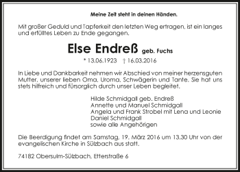 Traueranzeige von Else Endreß 