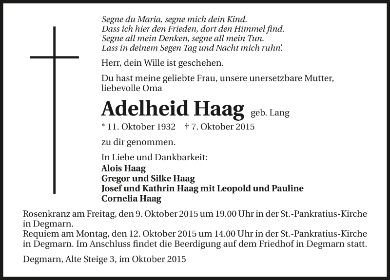  Traueranzeige für Adelheid Haag vom 09.10.2015 aus 