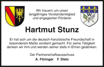 Traueranzeige von Hartmut Stunz 